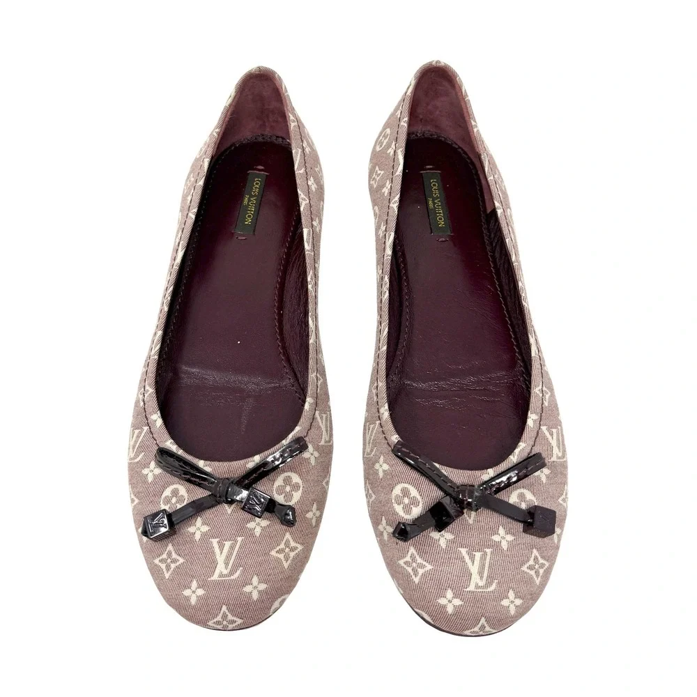 Louis Vuitton Monogram Ballet Flats Patent Bow Taupe Canvas Size 39
